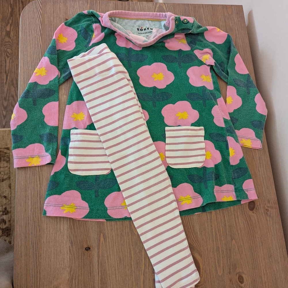 Mini Boden Colorful Floral Dress with Striped Leggings